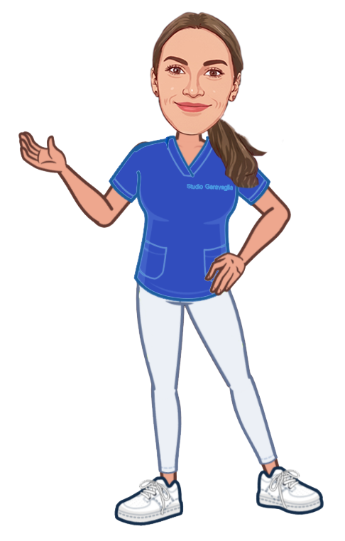Una vignetta di un'infermiera che indossa una maglietta blu e pantaloni bianchi.